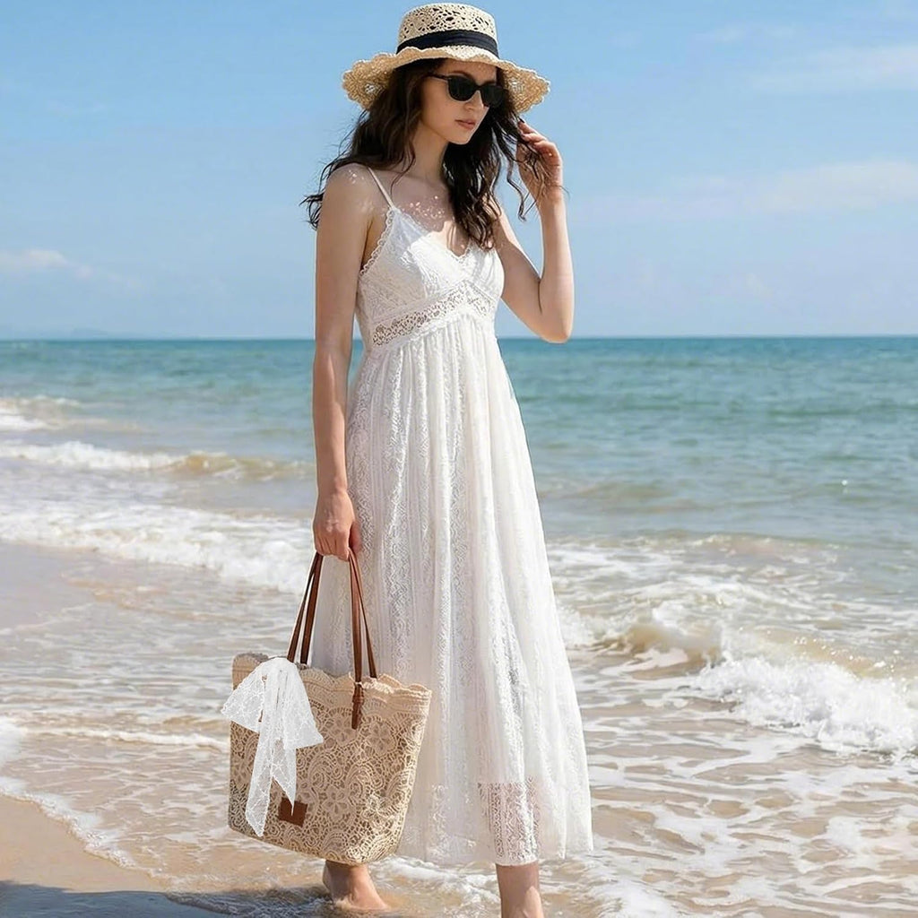 Peicees Small Shoulder Bag With Lace Ribbon For Women- Ladies Beach Boho Purse For Summer Vacation Travel Tote Bag