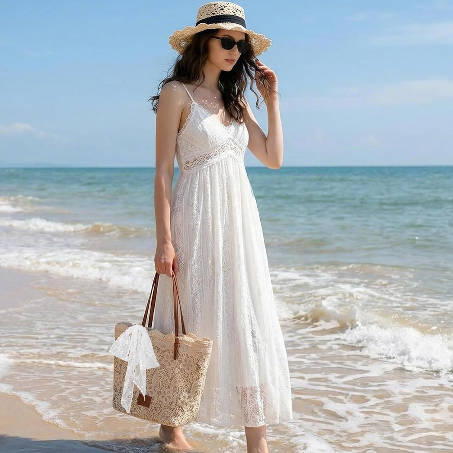 Peicees Small Shoulder Bag With Lace Ribbon For Women- Ladies Beach Boho Purse For Summer Vacation Travel Tote Bag