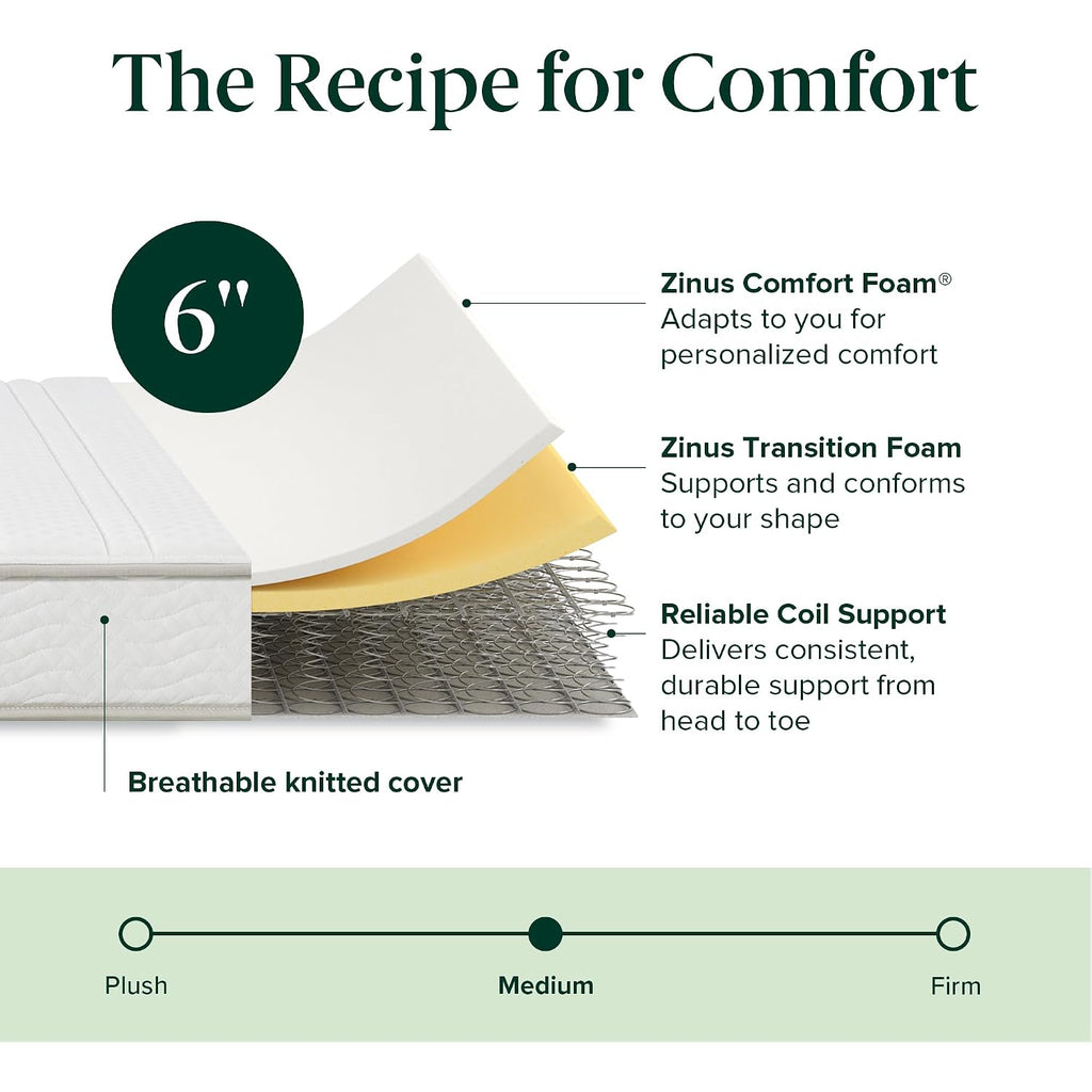 Zinus 6 Inch Foam And Spring Hybrid Mattress [New Version], Twin, Medium Firmness, Durable Support, Certified Safe Foams & Fabric, Mattress In A Box, White