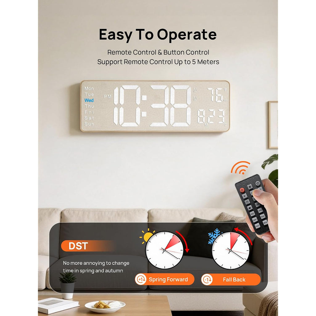 Mashi 2026 Upgrade Digital Wall Clock, 16" Large Display Digital Clock With Remote Control, Auto-Dimming Wall Clock With Night Light, Dst, Date Week,Temp For Living Room, Gift For Elderly (Beige)