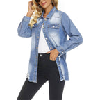 Scofeel Women Denim Shirt Jacket Long Sleeve Button Shacket Coat Distressed Washed Ripped Frayed Hem Jean Jacket