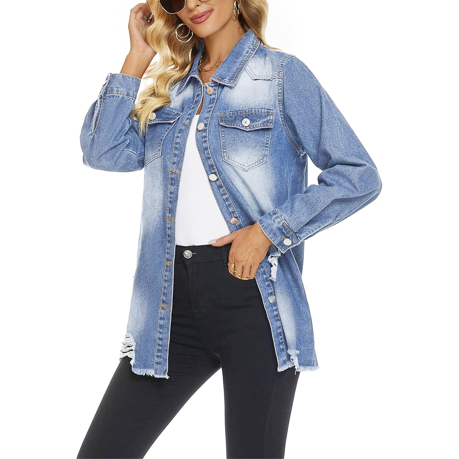 Scofeel Women Denim Shirt Jacket Long Sleeve Button Shacket Coat Distressed Washed Ripped Frayed Hem Jean Jacket