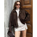 Womens Faux Suede Bomber Jacket Oversized Batwing Long Sleeve Zip Up Cropped Coat Streetwear