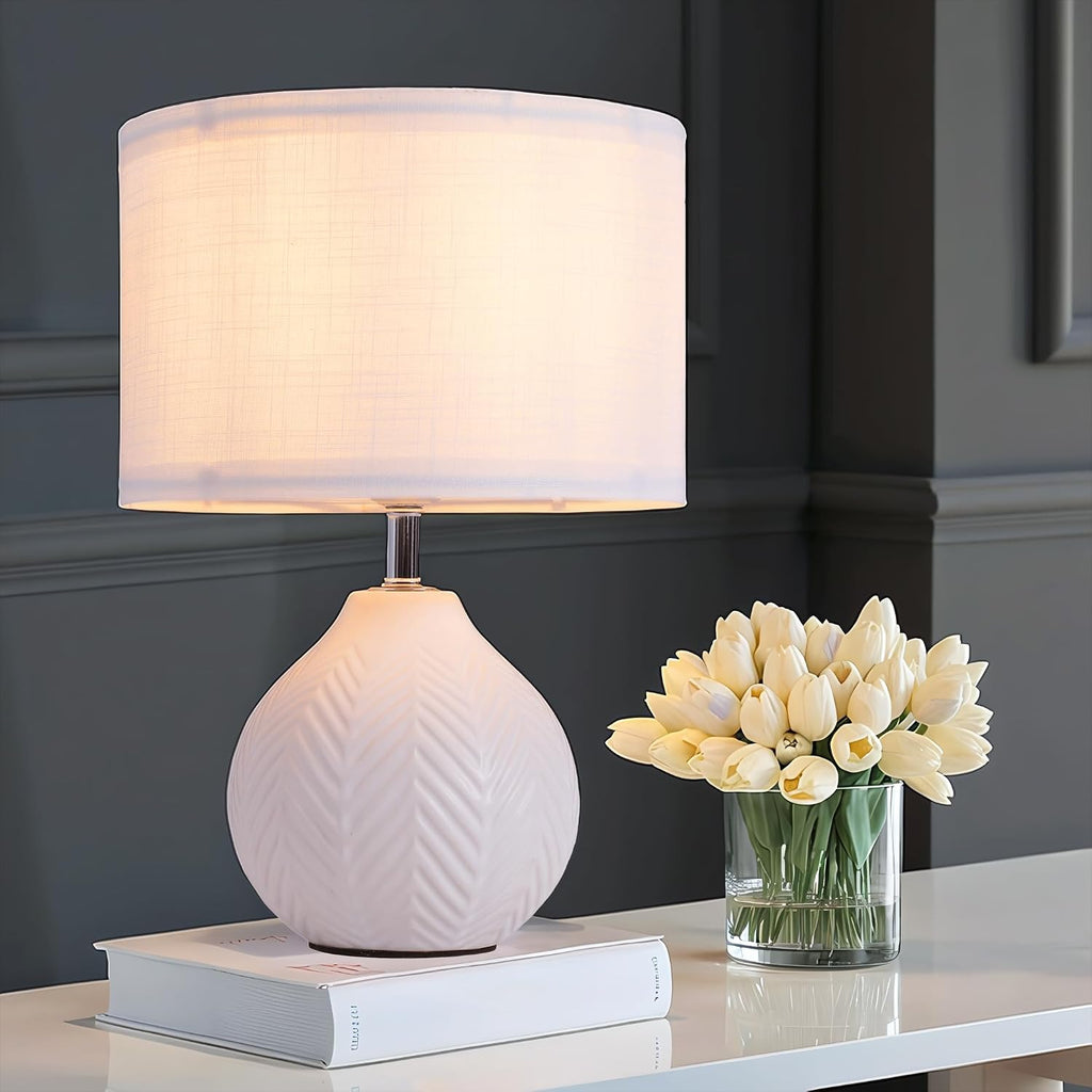 Sottae 12'' White Ceramic Table Lamp, Leaf Patterned Ceramic Desk Lamp Small Bedside Lamp With Linen Shade, Mid Century Modern Nightstand Lamp For Bedroom Living Room Reading Room