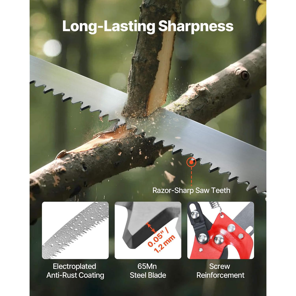Vevor Manual Pole Saw, 3.87-27 Ft Extendable Pole Tree Pruner With Scissors, Sharp 65Mn Steel Blade, Lightweight Fiberglass Handle Pole, For High Branch Trimming, Pruning Tool For Palms And Shrubs