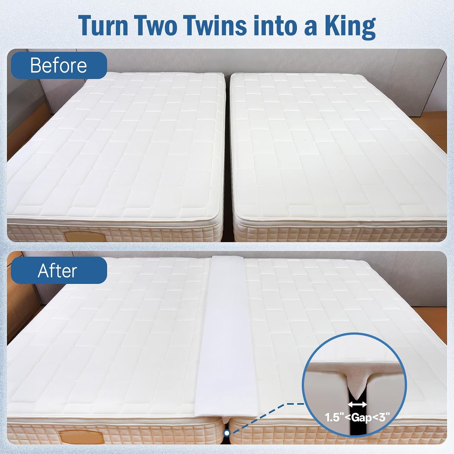 Vekkia Split King Gap Filler For Adjustable Bed,Twin To King Bed Converter Kit,Bed Bridge Twin To King,Mattress Connector With Washable Cover,For Guests Stayovers,Family Room(75In×10In)