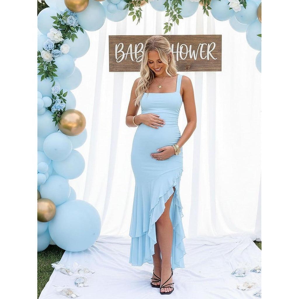 Boriflors Women'S Elegant Bodycon Ruched Maxi Cocktail Dress Mesh Sleeveless Mermaid Ruffle Beach Wedding Guest Long Dresses