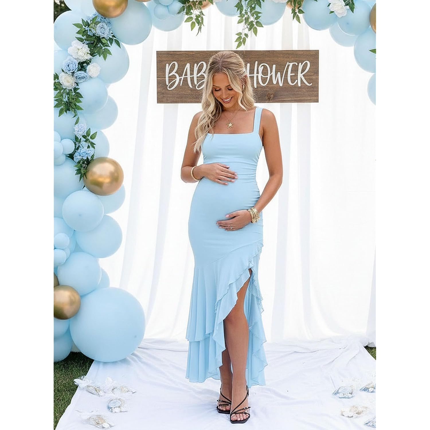 Boriflors Women'S Elegant Bodycon Ruched Maxi Cocktail Dress Mesh Sleeveless Mermaid Ruffle Beach Wedding Guest Long Dresses