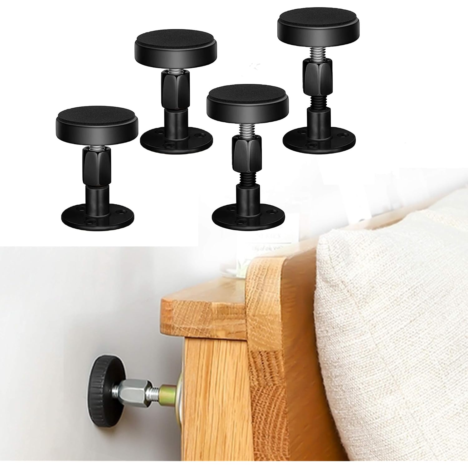 Krisler Adjustable Threaded Bed Frame Anti-Shake Tool, Headboard Stoppers, Bedside Anti Shake Tool For Beds Cabinets Sofas, 4Pcs, 30-68Mm (Black)