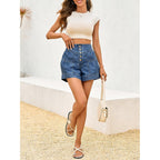 Womens Summer Flowy Jean Shorts Button Up High Waisted Wide Leg Denim Skort with Pockets