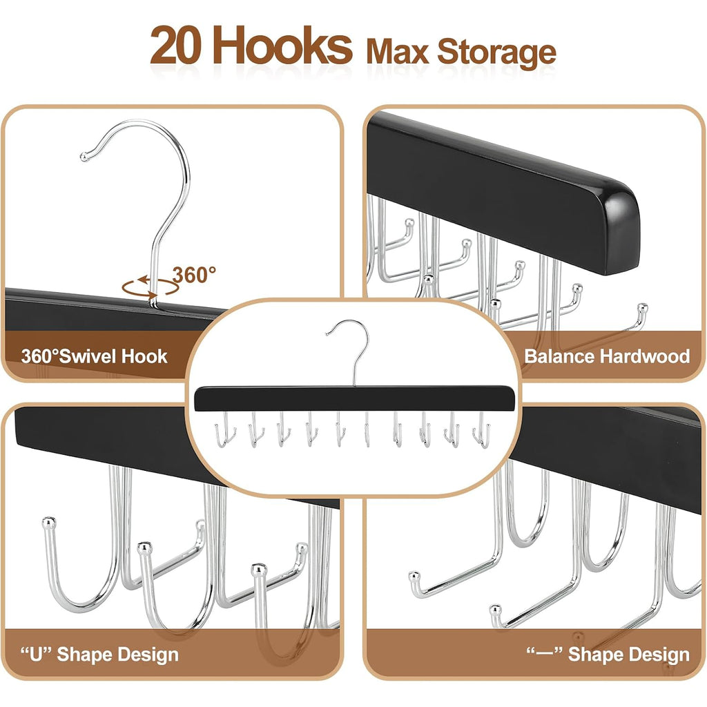 Topia Hanger 20 Hooks 2 In 1 Belt Tie Hanger For Closet Max 30 Belts With 30 Ties Capacity, Belt Tie Racks Wooden Hanger For Closet Organizer Storage “U” Fit For Belt And “一” Fit For Tie - Ct47B