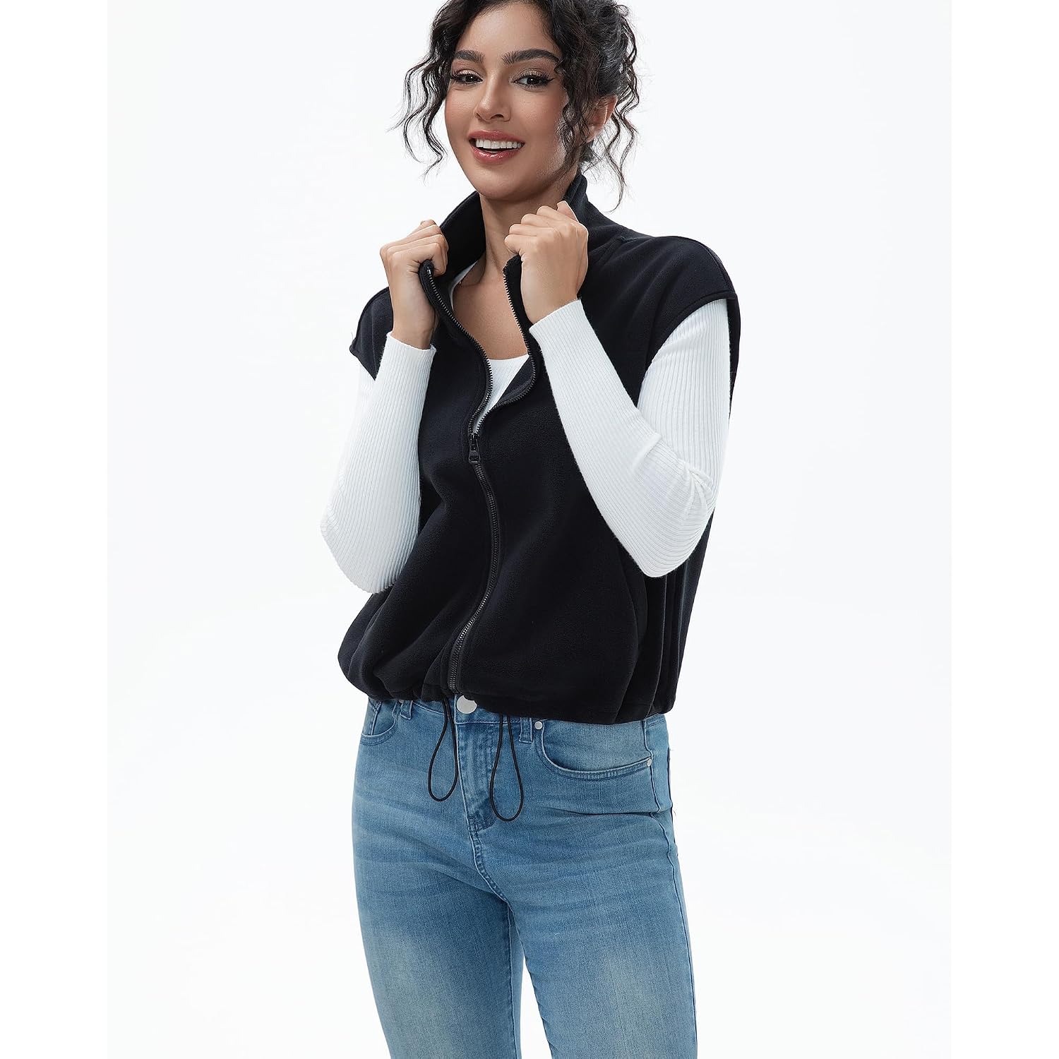 Women'S Full Zip Fleece Short Vest Warm Winter Sleeveless Stand Collar Sherpa Crop Coat
