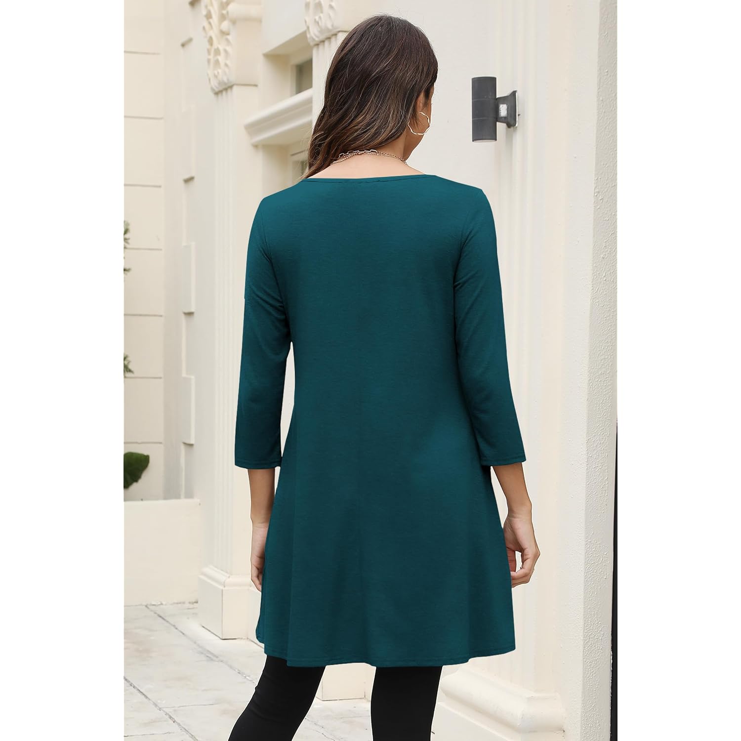 Womens 3/4 Sleeve Tunic Tops to Wear with Leggings Layered Chiffon Hem Casual Long Shirts with Pockets