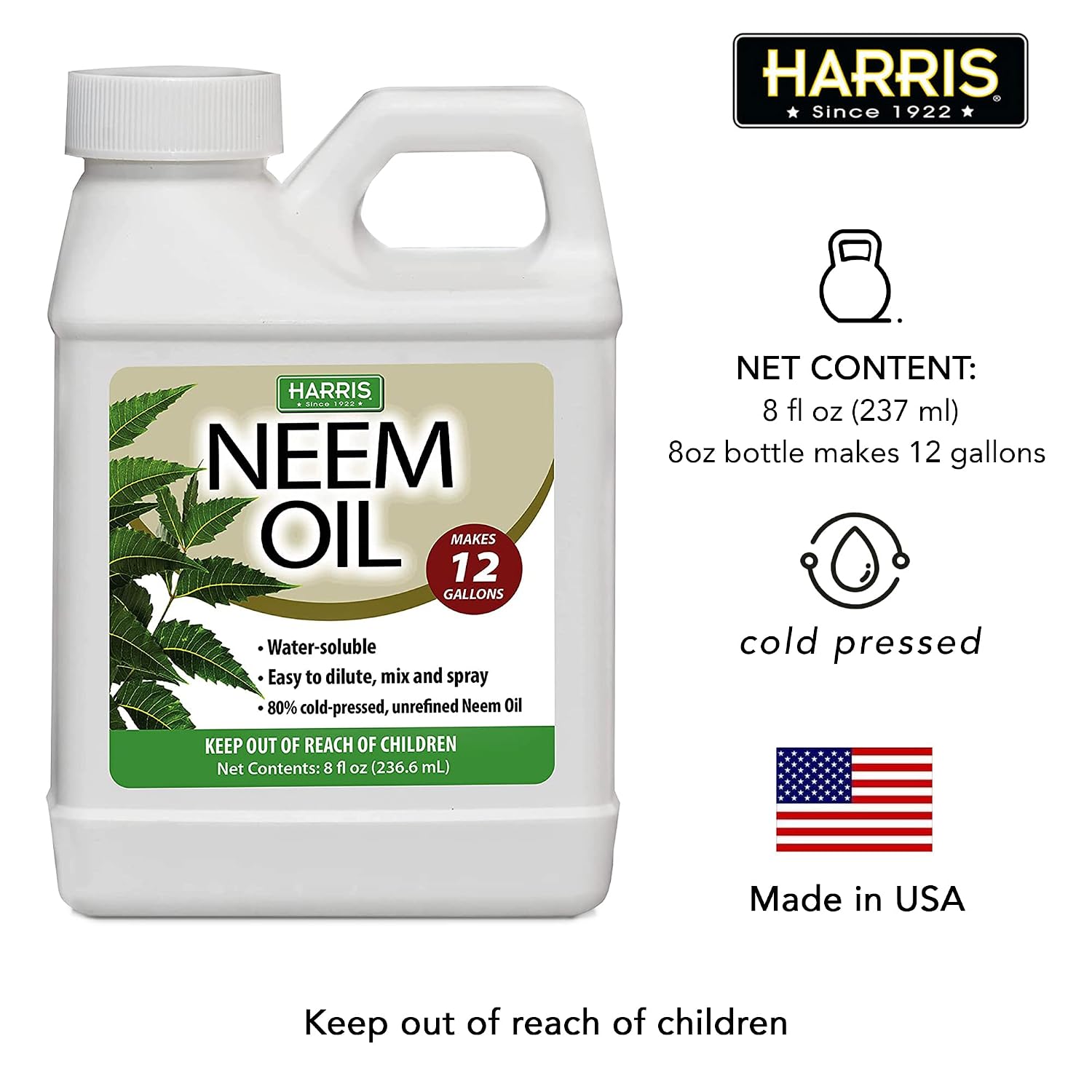 Harris Neem Oil Cold Pressed Water Soluble Concentrate, Makes 12 Gallons