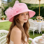DRESHOW Lady Derby Dress Church Bowler Cloche Hat Bowknot Organza Bridal Cap for Wedding 1 Pack Bowler Hat: Pink