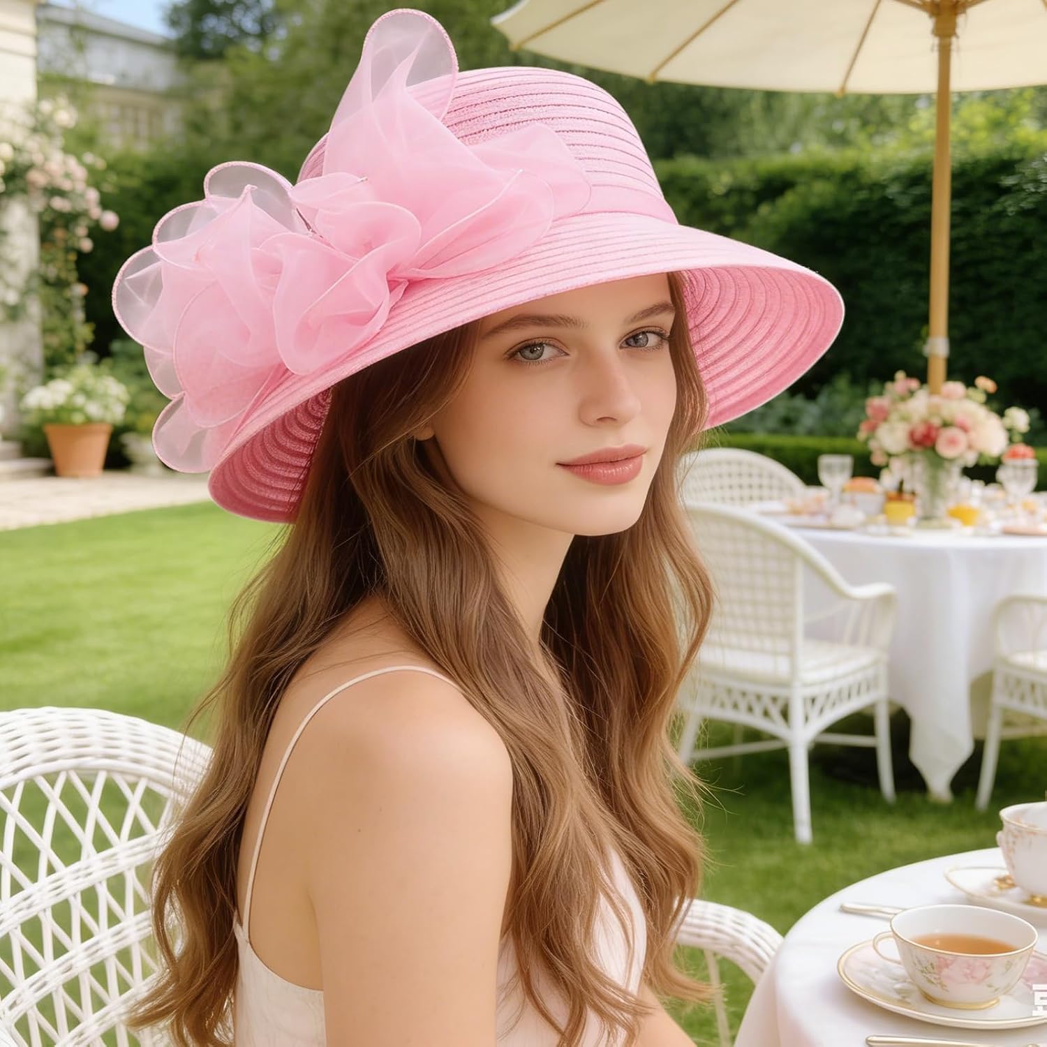DRESHOW Lady Derby Dress Church Bowler Cloche Hat Bowknot Organza Bridal Cap for Wedding 1 Pack Bowler Hat: Pink