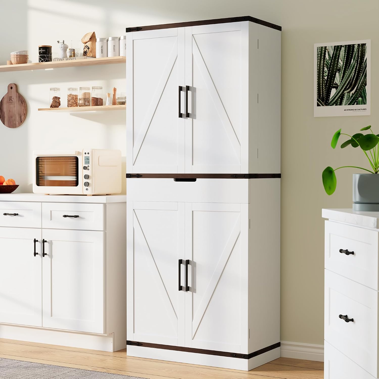 72" Kitchen Pantry Storage Cabinet With Doors And Shelves, Wood Farmhouse Pantry Storage With Barn Doors For Kitchen, Dining Room, Living Room
