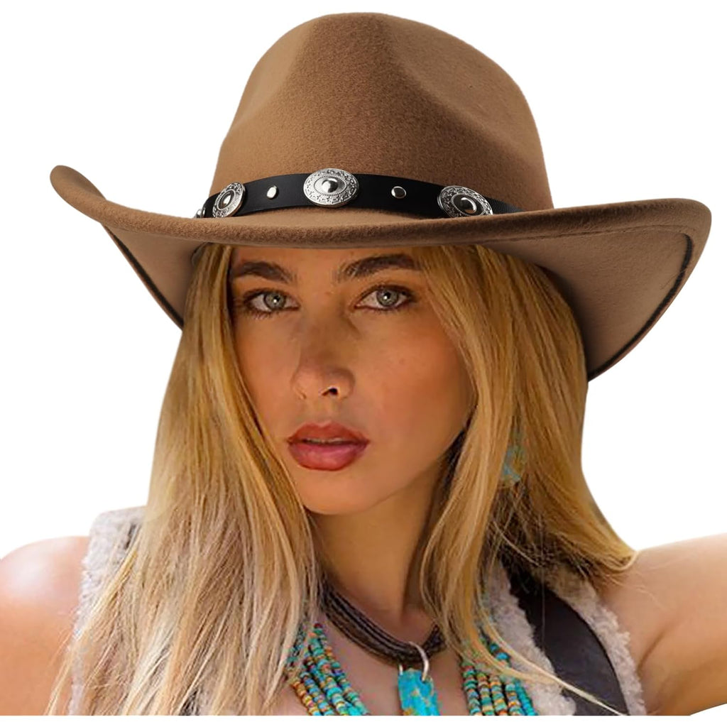 Western Cowboy Hats For Women Classic Felt Wide Brim Fedora Hat With Belt Buckle Retro Panama Hat Unisex Rolled Up Cap