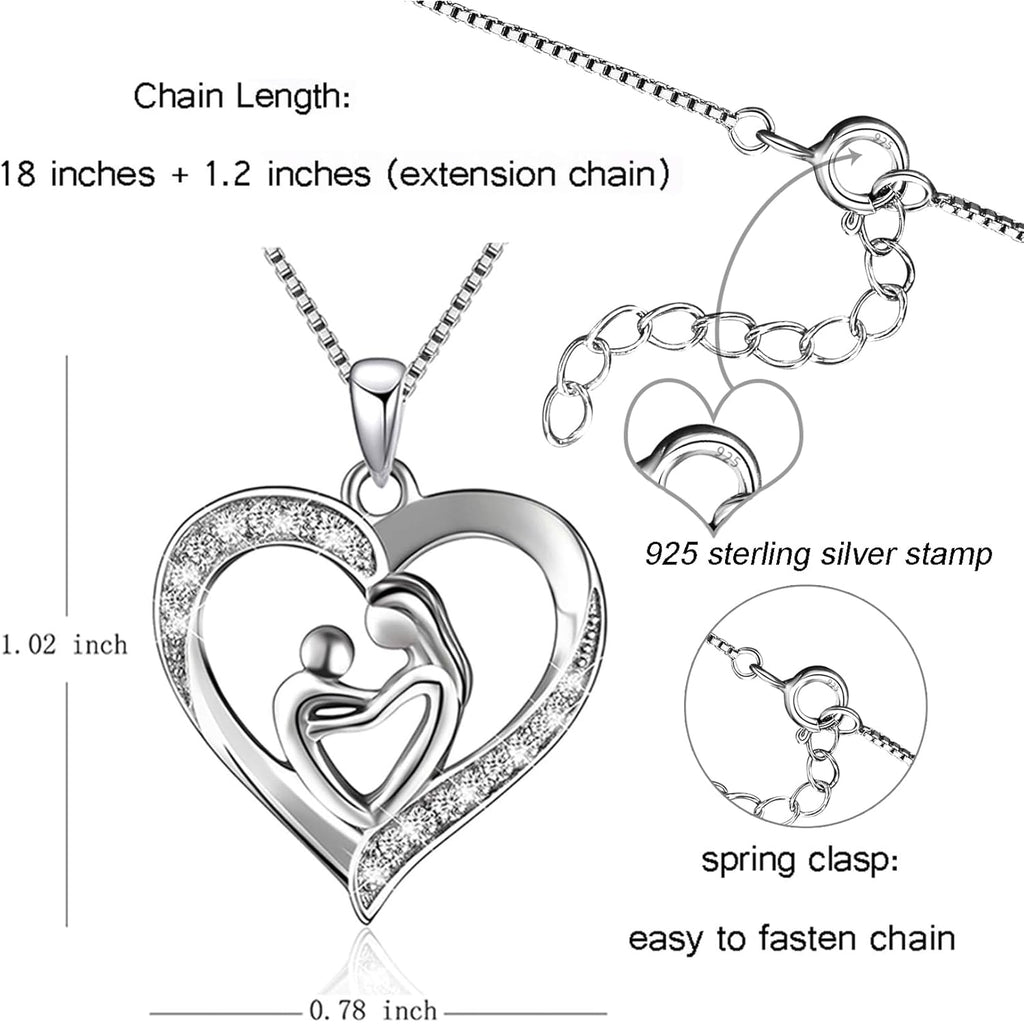 Mothers Day Gifts for Women 925 Sterling Silver Mother and Daughter Son Love Heart Pendant Necklace Jewelry Gifts for Grandmother Mom Daughter Wife