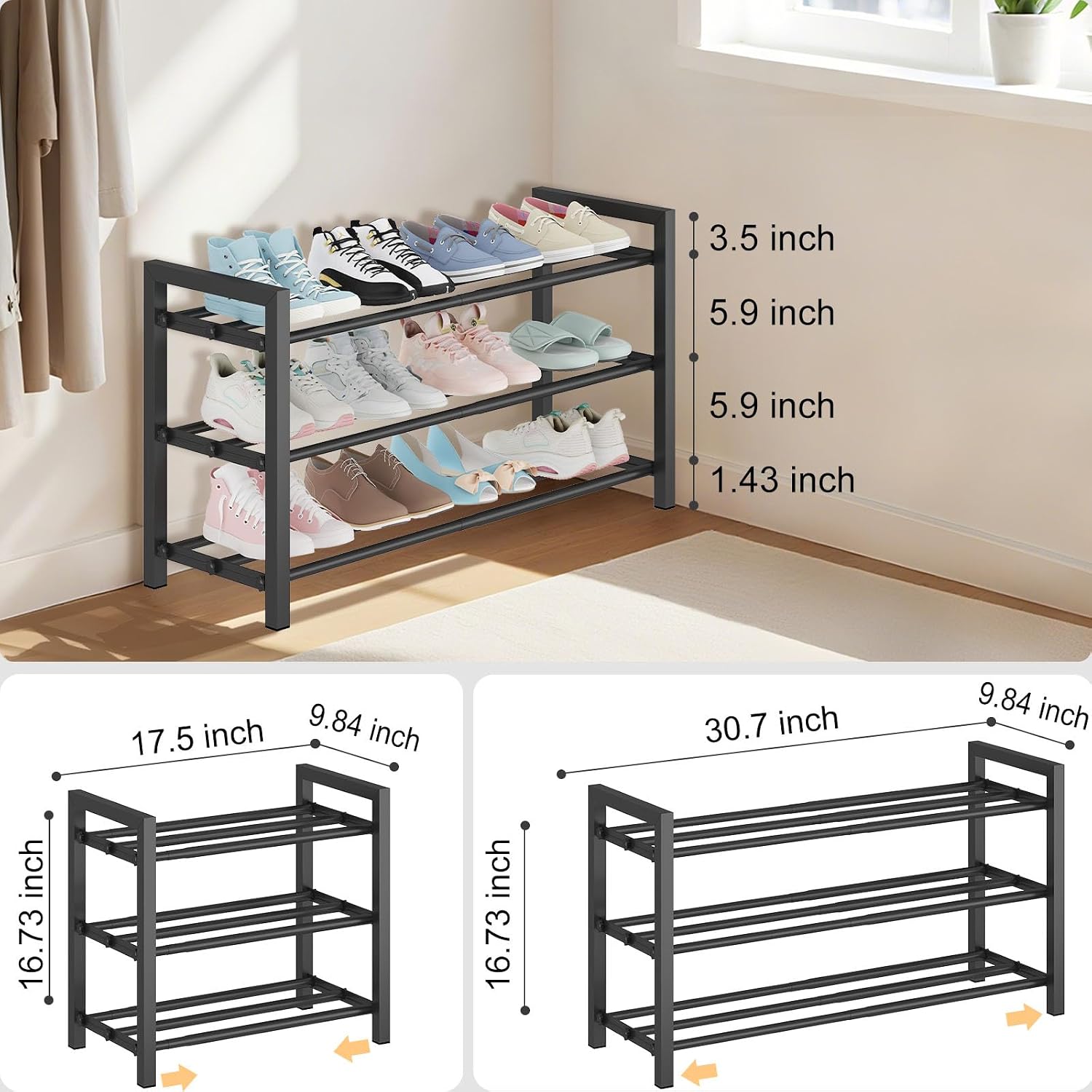 3-Tier Expandable Shoe Rack – Adjustable Heavy-Duty Metal Shoe Organizer Shelf For Closet, Entryway, Mudroom & Garage – Durable Freestanding Storage, Black