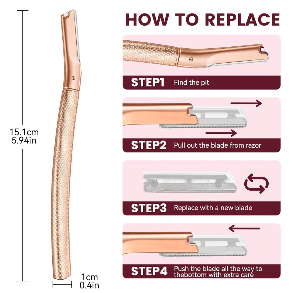 Eyebrow Razor-Face Razors for Women-Dermaplaning Tool for Face Exfoliation & Peach Fuzz with 12 Refill Blades-Facial Dermaplane Razors Shaver-Rose Gold