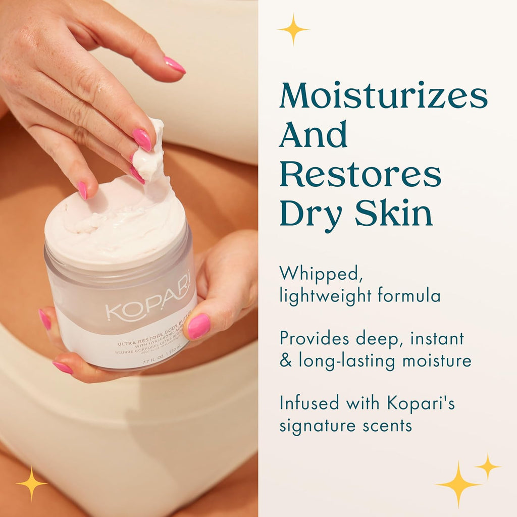 Kopari Ultra Restore Body Butter, Whipped Lightweight Formula, Hyaluronic Acid & Mango Seed Butter, Deep & Long-Lasting Moisture, Coconut 7.7 Oz