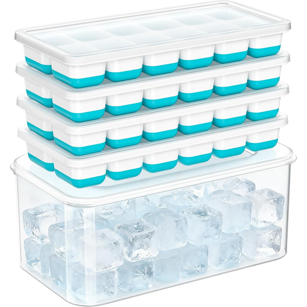 Nfk Ice Cube Tray With Lid & Bin - 4 Pack 48 Cubes Stackable Silicone Trays For Freezer With Storage Container, Leak-Proof Lids, Bpa-Free, Easy Release For Kitchen, Rv, Party, Cocktail & Coffee
