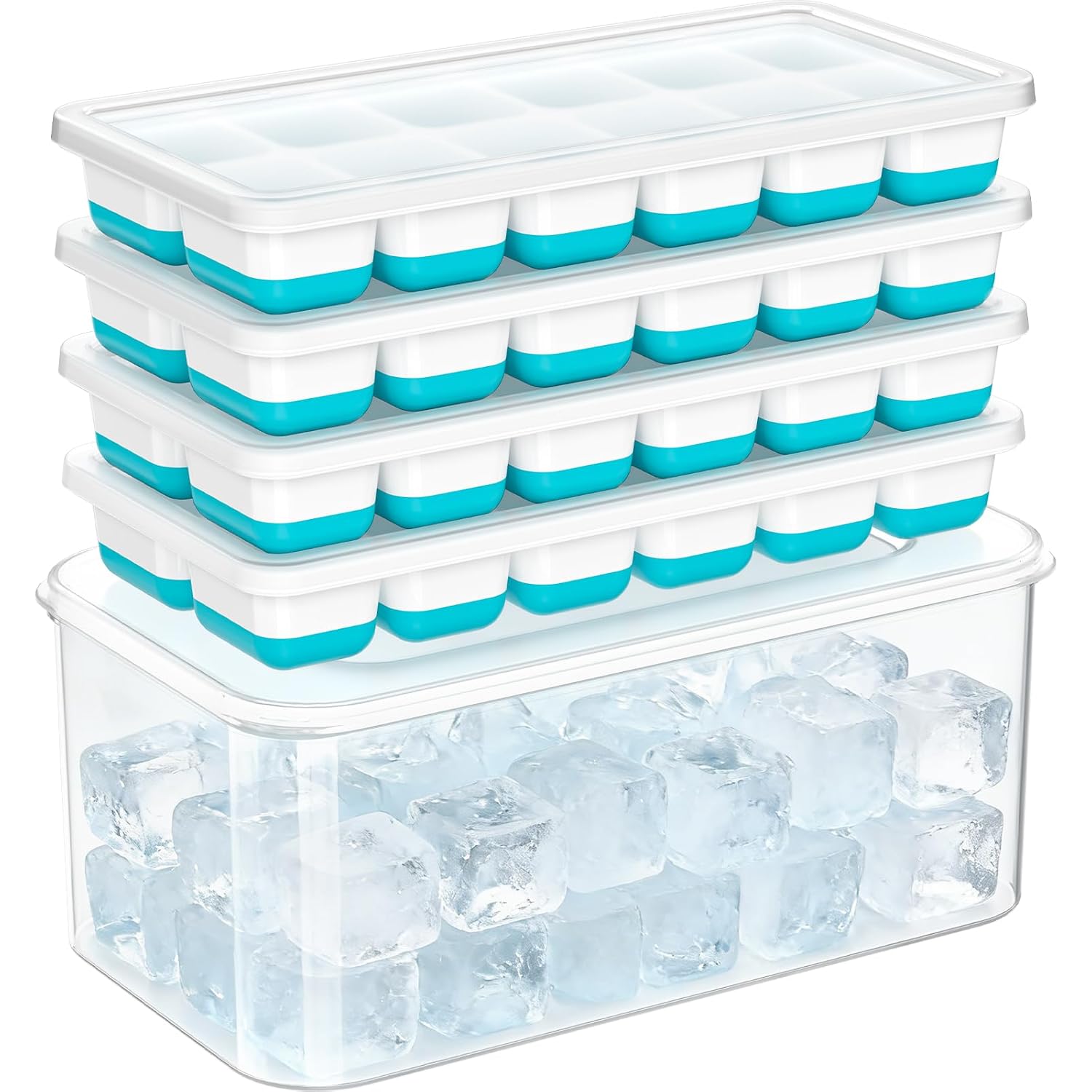 Nfk Ice Cube Tray With Lid & Bin - 4 Pack 48 Cubes Stackable Silicone Trays For Freezer With Storage Container, Leak-Proof Lids, Bpa-Free, Easy Release For Kitchen, Rv, Party, Cocktail & Coffee