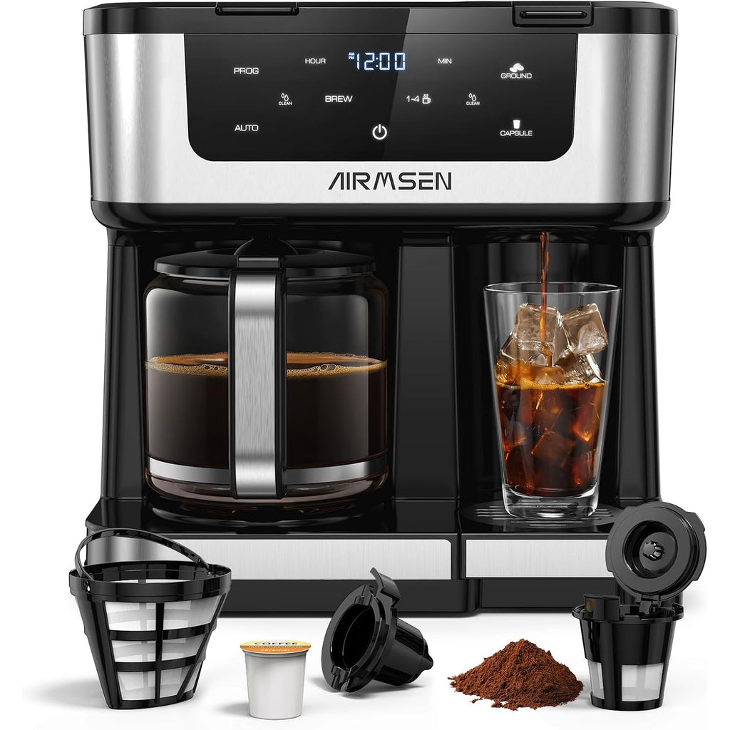 Airmsen 12-Cup Programmable Dual Coffee Maker – Single Serve Machine For K-Cup Pods & Ground, 1000W Fast Brew, Delay Start, 2H Keep Warm, Touchscreen, 60Oz Tank, Glass Carafe – Home & Office