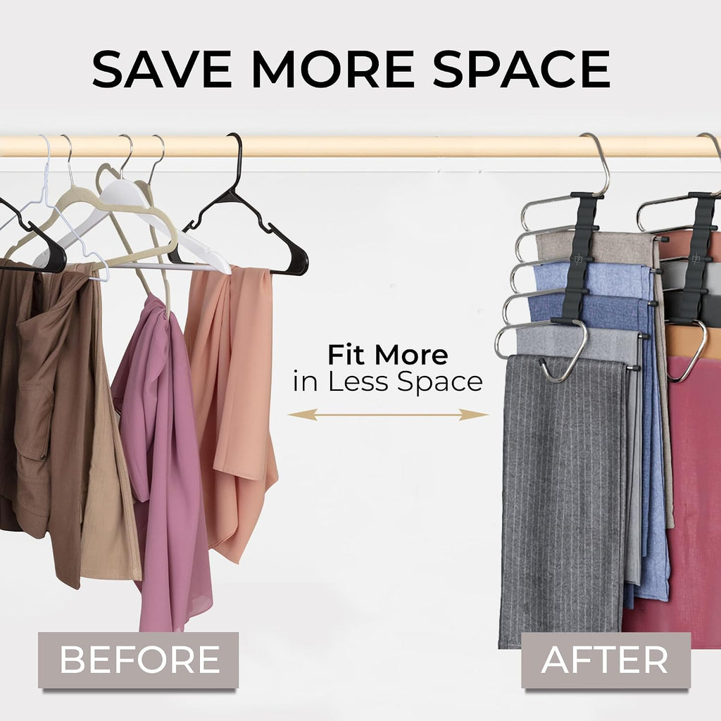 Pants Hangers Space Saving - 2 Pack - Non-Slip Multi-Layer Space Saving Hangers - Multifunctional Clothing Rack For Closet Storage - Ideal For Jeans, Trousers, Skirts, Scarves & Slacks (Black)