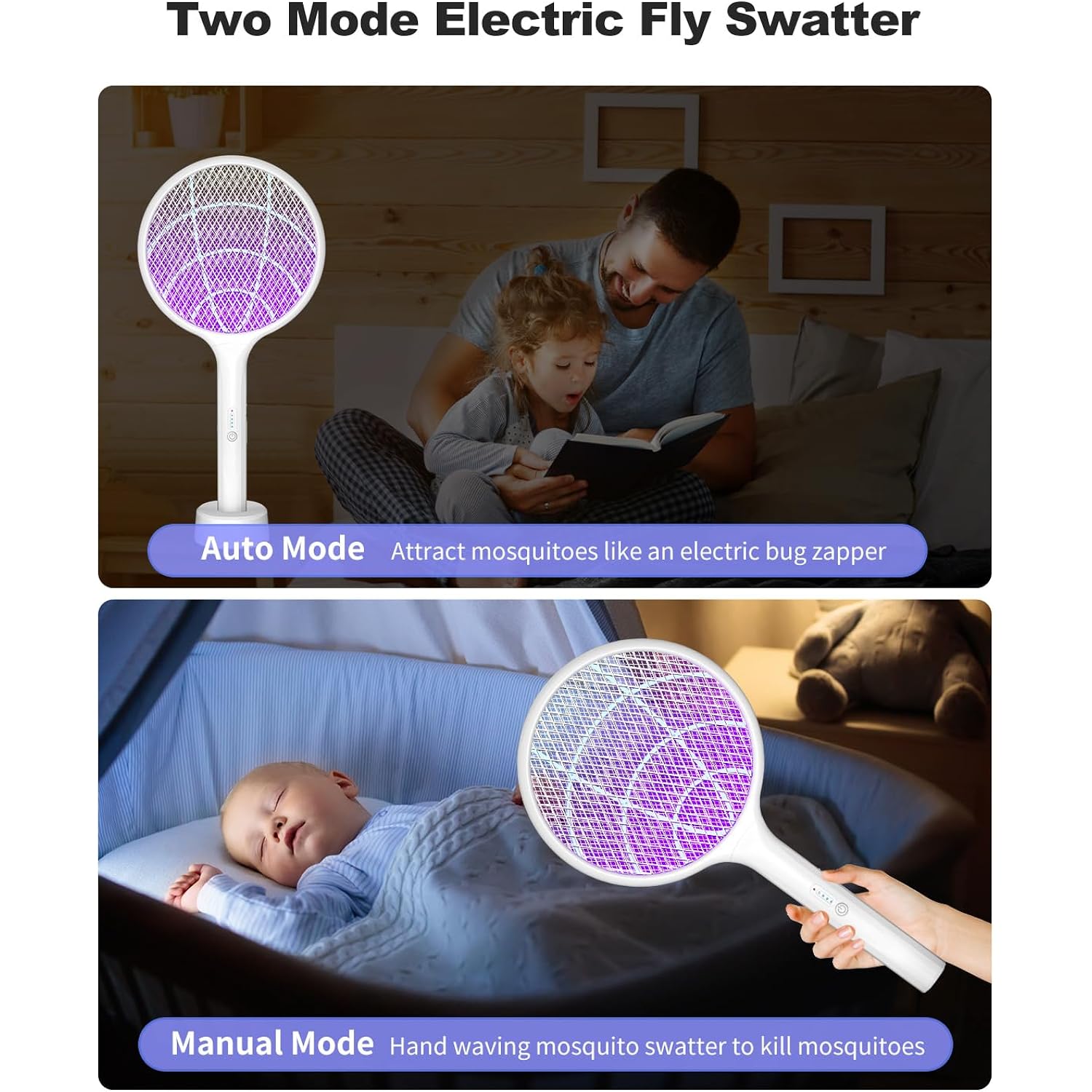 2Pack Electric Fly Swatter,4000V Bug Zapper Racket With 1500Mah Battery Rechargeable,2 In 1 Fly Zapper & Purple Mosquito Killer Lamp With 3 Layers Of Safety Net Suitable For Indoor And Outdoor