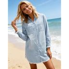 Zilcremo Women Denim Shirt Dresses Long Sleeve Distressed Jean Dress Button Down Casual Tunic Top