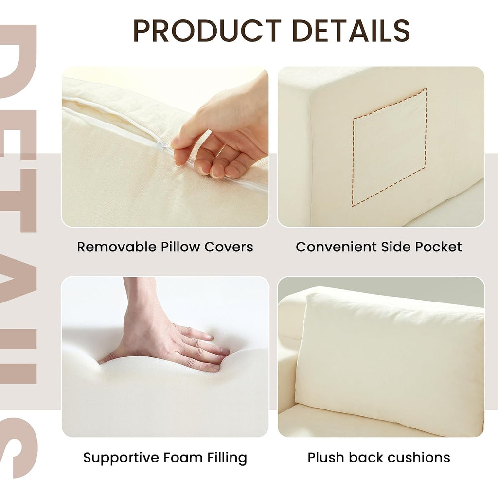 71" Boneless Loveseat Couch,Chenille Pullout Futon Couch,4 In 1 Folding 3 Seater Sofa Bed For Living Room,Boneless Cloud Couch With Storage Pocket & 2 Pillows,Beige