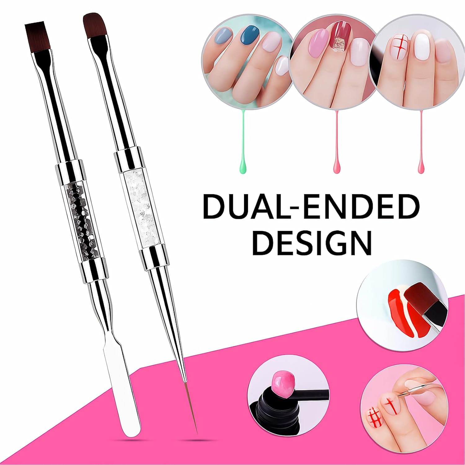 2PCS Dual-Ended Nail Art Brushes Set – Gel Nail Brush, Spatula & Liner Brush – Nail Art Tools for Builder Gel, Nail Polish Application, DIY Manicure & Salon Use