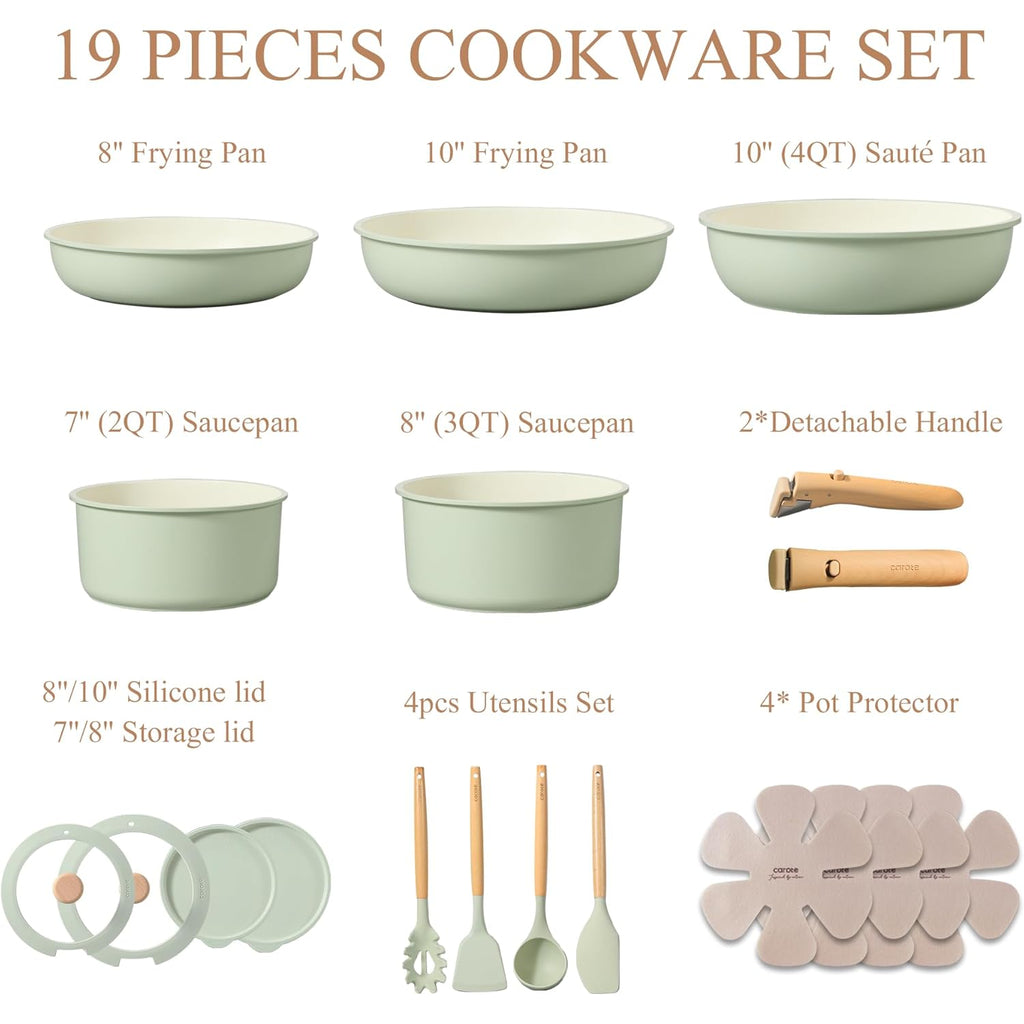 CAROTE Pots and Pans Set, Nonstick Cookware Set Detachable Handle, 19pcs Induction Kitchen Cookware Sets Non Stick with Removable Handle, RV Cookware Set, Oven Safe, Sage Green