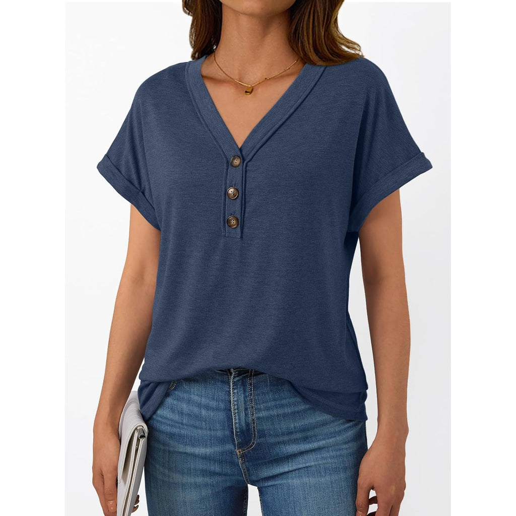 Short Sleeve V Neck T Shirts Womens Summer Business Casual Dressy Tops 2026 Henley Loose Fit Basic Spring Outfit