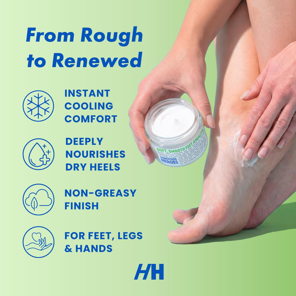 Handmade Heroes Revive & Renew Peppermint Foot Cream with Jojoba & Magnesium - Cooling Foot Relief for Tired, Dry Feet, Rough Heels & Calluses, 1.7 oz
