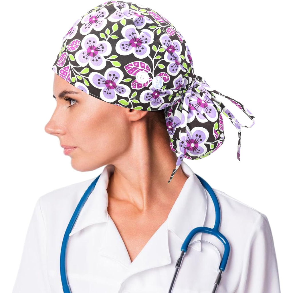 4 Pcs Scrub Caps For Women,Nurse Satin Surgical Hat Adjustable Working Cap Ponytail Holder With Buttons And Sweatband