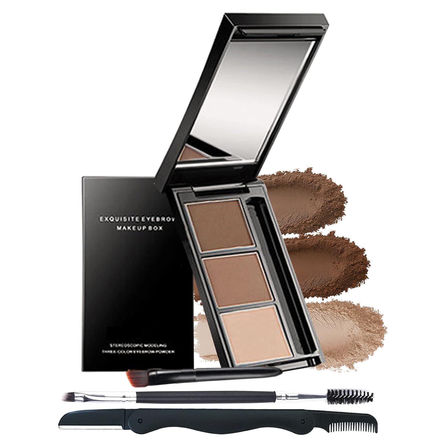 Eyebrow Powder Makeup Kit-3 Colors Eye Brow Powder Palette Long-Lasting Waterproof, Dark/light Brown Brow Filler, Fill & Sculpt Full Eyebrows for Women, With Mirror, Brow Brush & Razor-Set 02