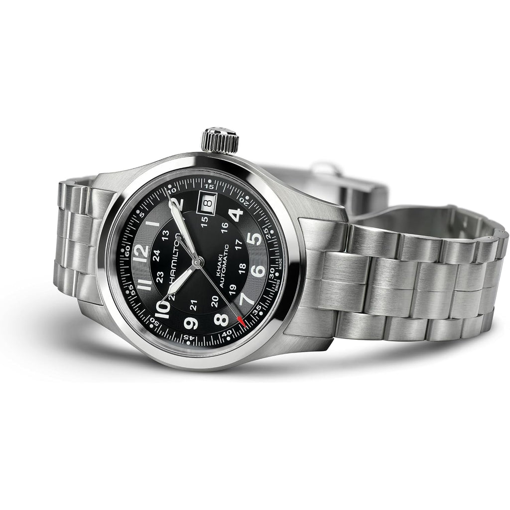 Hamilton Khaki Field Automatic Men'S Watch, 38Mm Stainless Steel Case, Swiss Made, Black Dial Analog Wrist Watch For Men, 100M Waterproof, Sapphire Crystal, 3-Hand Movement, Stainless Steel Strap