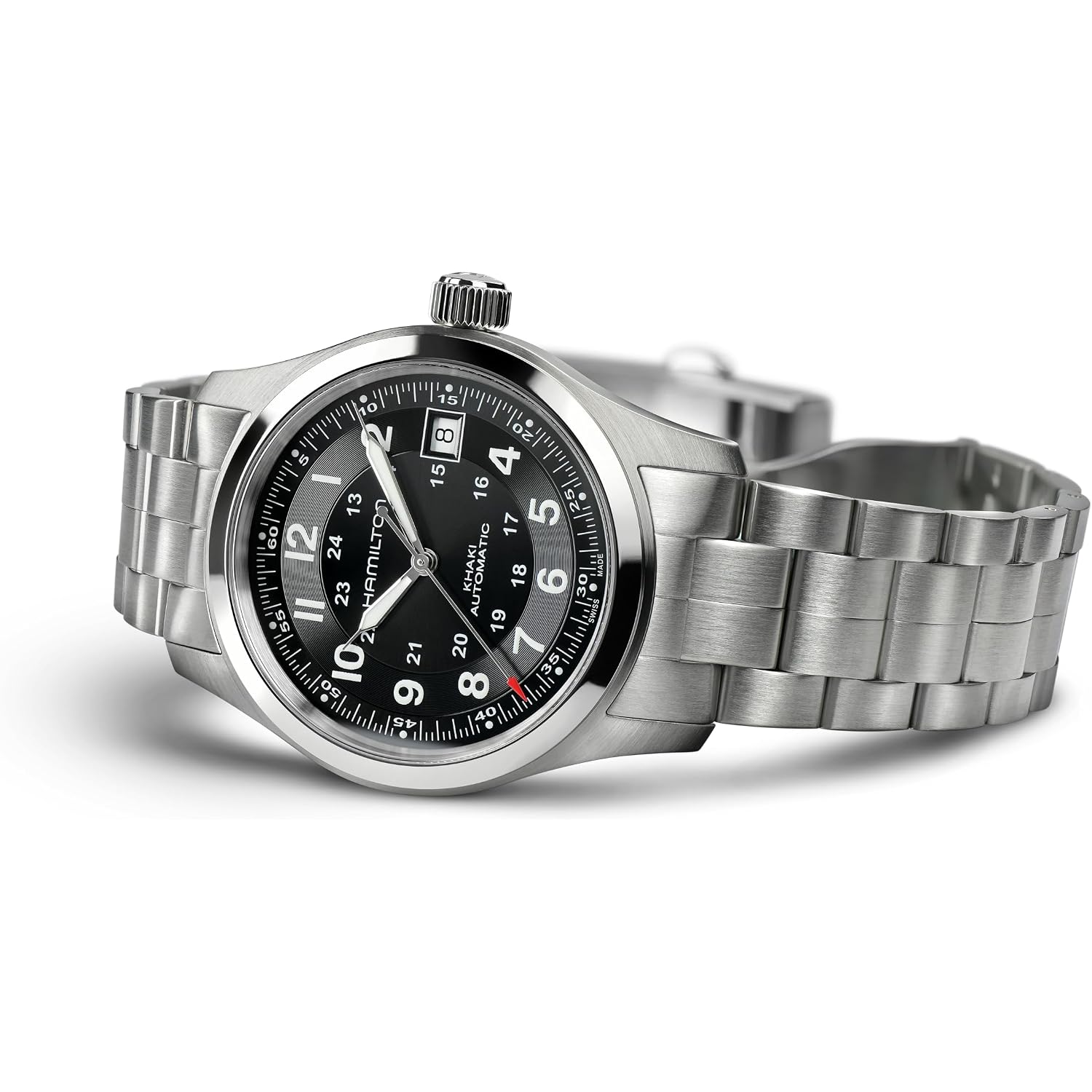 Hamilton Khaki Field Automatic Men'S Watch, 38Mm Stainless Steel Case, Swiss Made, Black Dial Analog Wrist Watch For Men, 100M Waterproof, Sapphire Crystal, 3-Hand Movement, Stainless Steel Strap