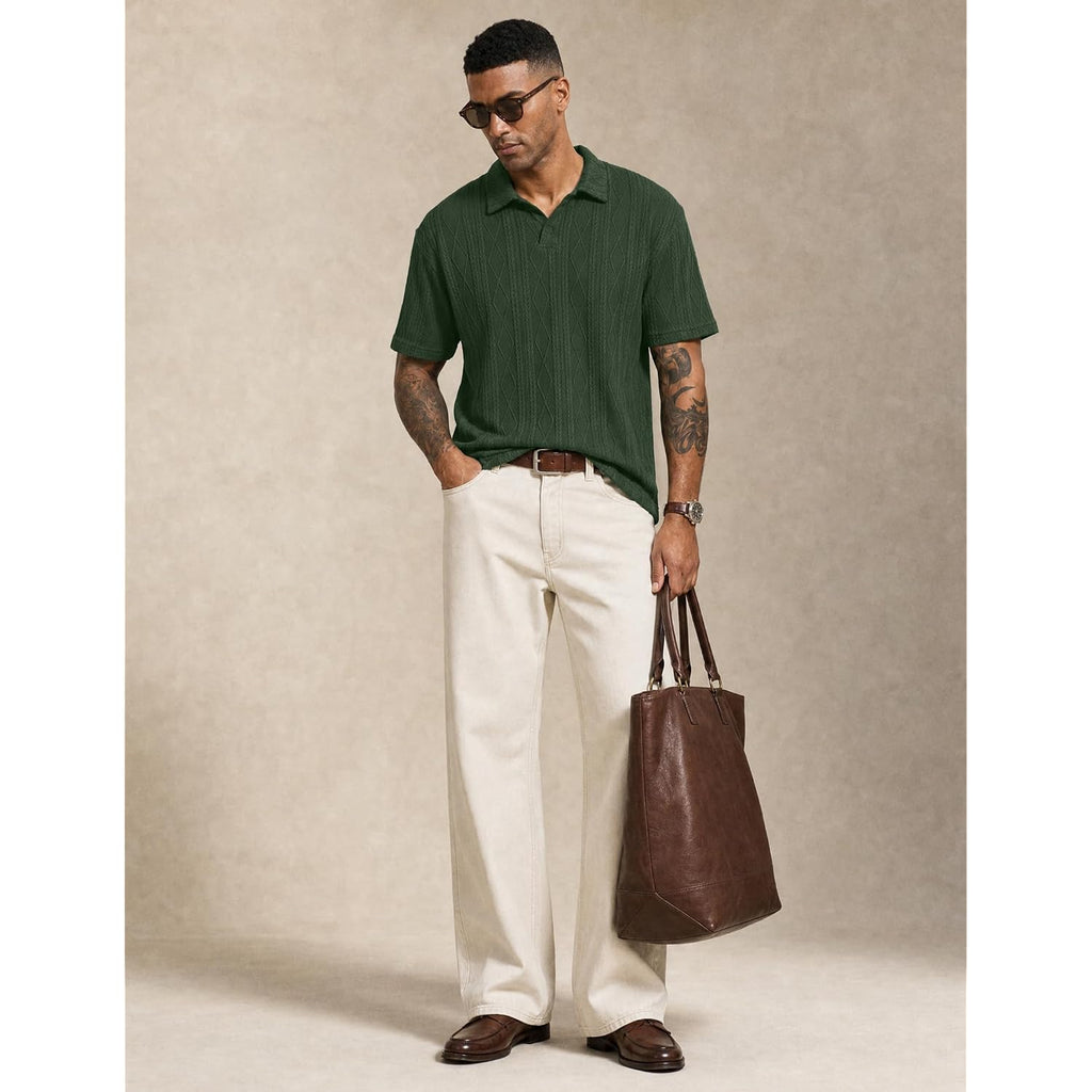 Jmierr Mens Polo Shirt Textured Knit Button Casual Short Sleeve Summer Vacation Beach Stretchy Golf Shirts