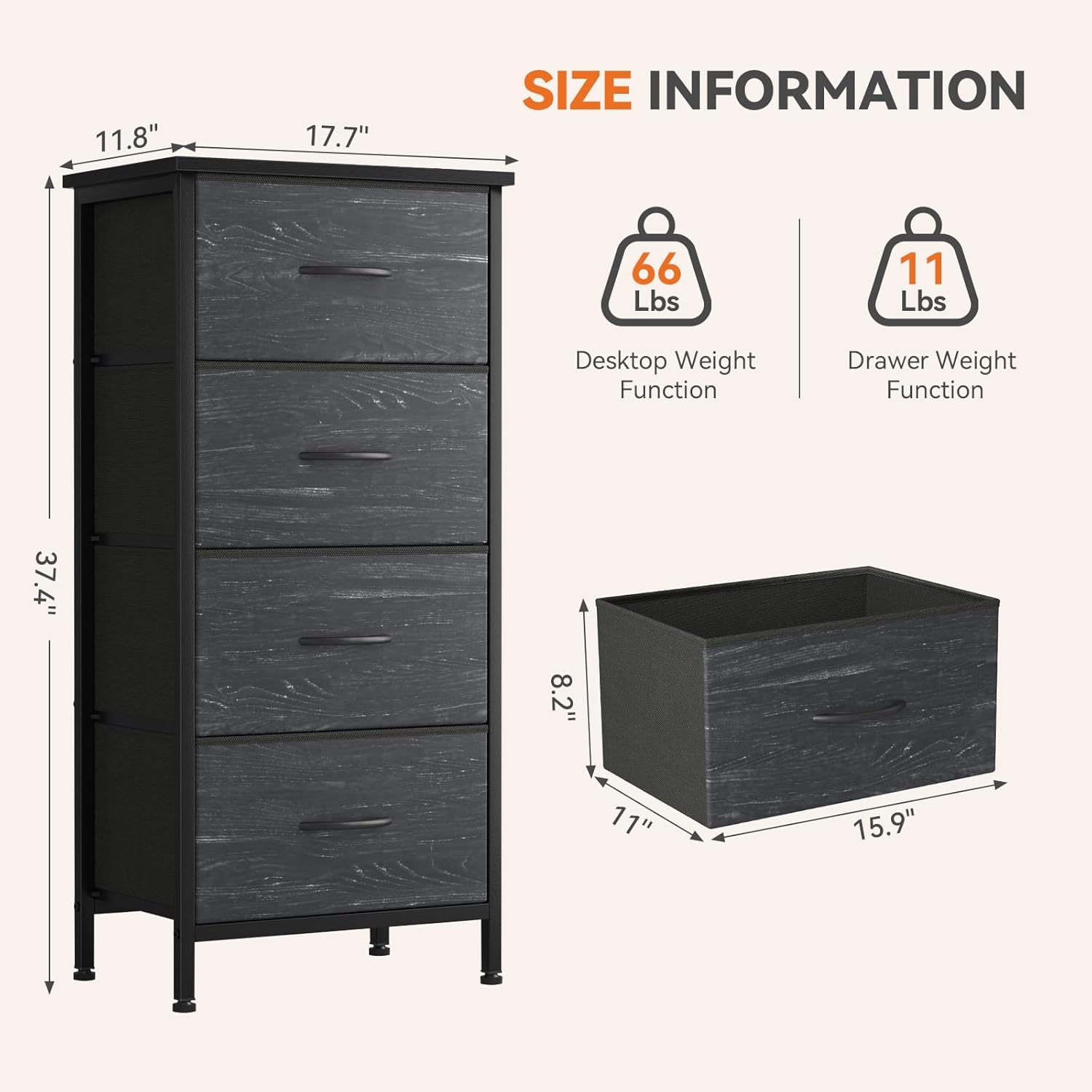 Sweetcrispy Nightstand Small Bedroom Dresser with 4 Fabric Drawers,Bed Side Furniture End Table,Wooden Top Cabinet Night Stand Dresser for Closet,Entryway,Dorm,Black Wood Grain