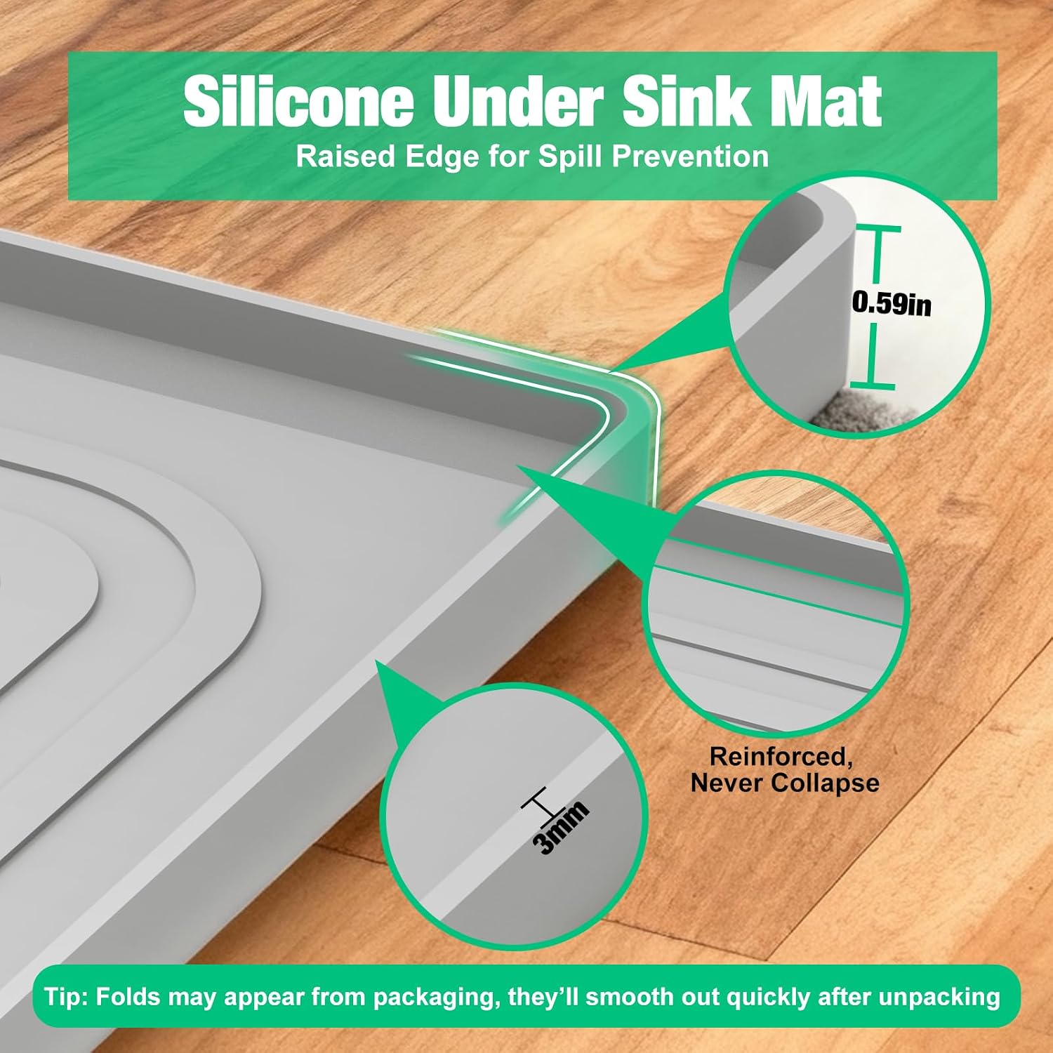 Aisslro Under Sink Mat 22" X 19", Waterproof Silicone Cabinet Organizer Protector With Raised Edge, Kitchen & Bathroom Leak Tray, Shelf Liner & Pet Feeding Mat For Dog Cat Food Mats, Gray