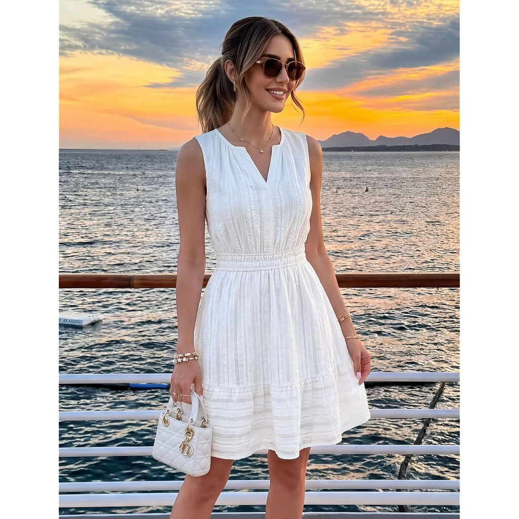 Merokeety Women'S 2026 Summer Casual Mini Sundress Beach Vacation Sleeveless V Neck Flowy A Line Dress With Pockets