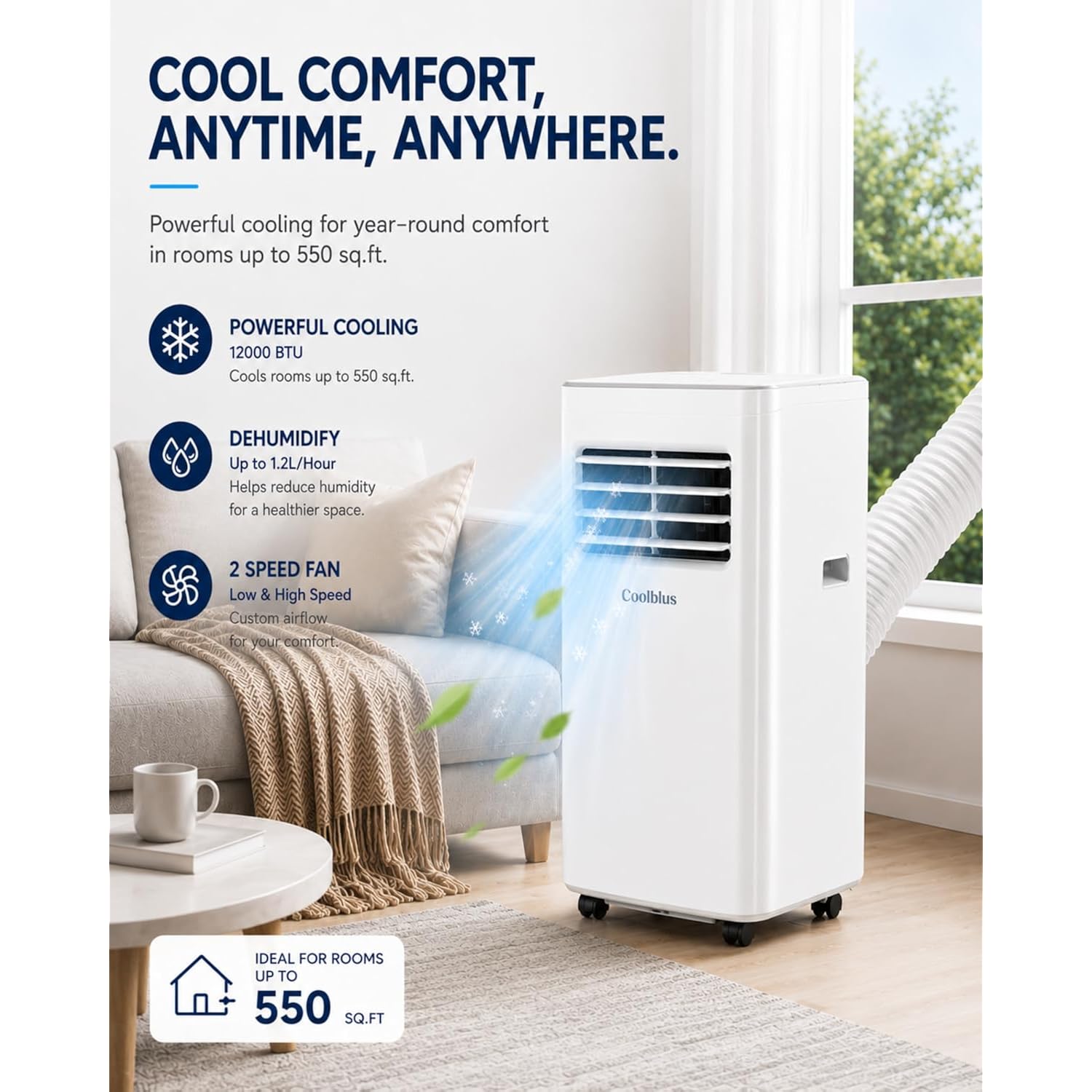 Coolblus 12000 Btu Portable Air Conditioners, 3-In-1 Ac Unit Cools Up To 550 Sq.Ft. With Remote Control/Smart Sleep Mode/24Hrs Timer/Window Installation Kit & Filter Cleaning Brush, White-12000Btu
