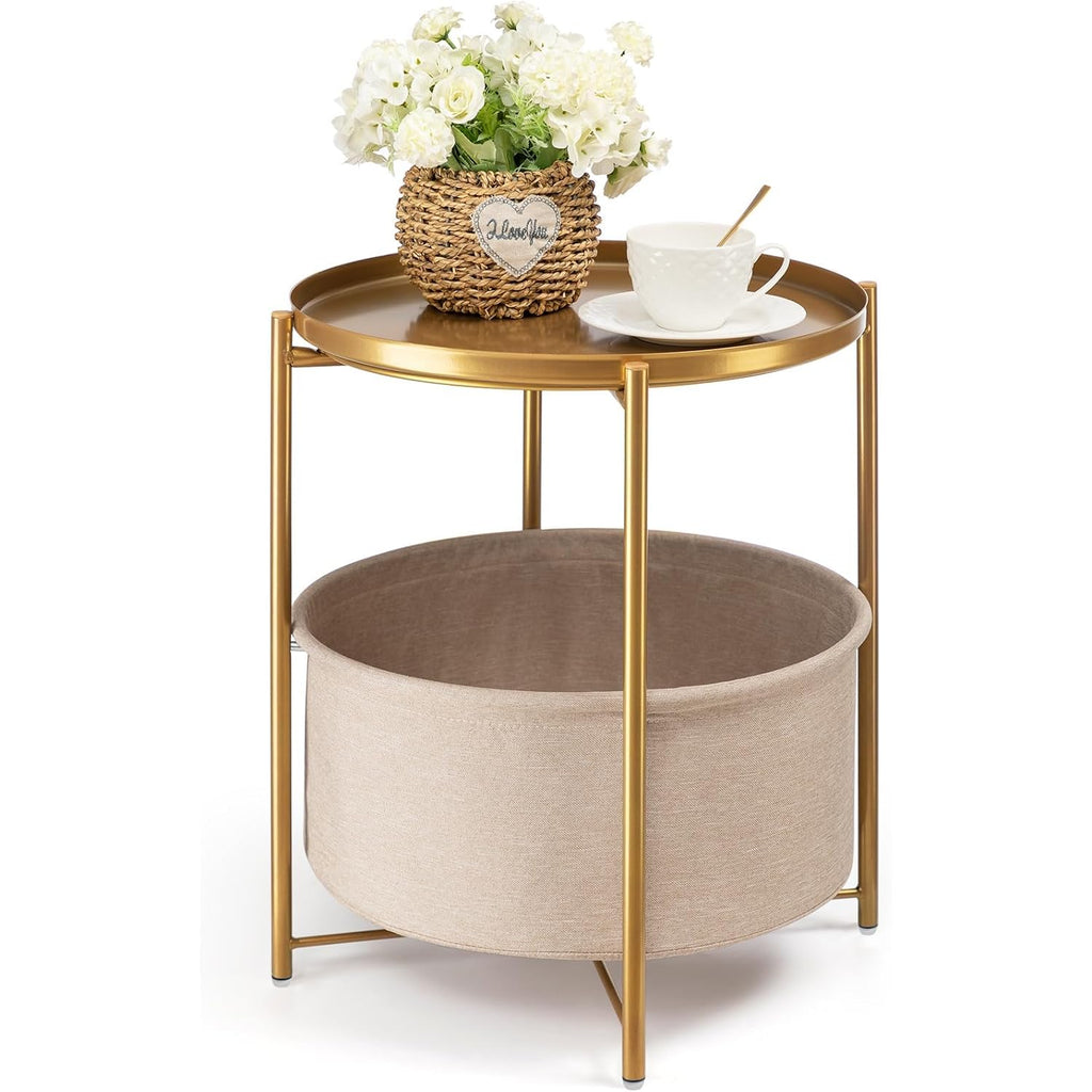 Gold Side Table With Basket, Small Round Table For Living Room | Metal Modern Nightstand For Small Space, Bedroom, Nursery, Accent Metal Stand With Removable Serving Tray, 20.47 In Tall
