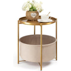 Gold Side Table With Basket, Small Round Table For Living Room | Metal Modern Nightstand For Small Space, Bedroom, Nursery, Accent Metal Stand With Removable Serving Tray, 20.47 In Tall