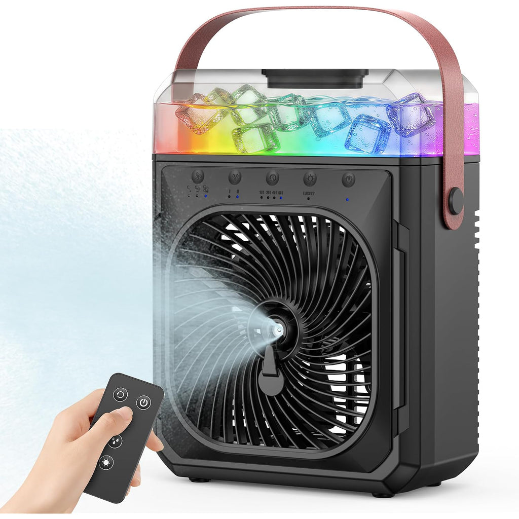 Rechargeable Misting Fan Portable【Max 40H Runtime】,Desk Cooling Air Conditioner Fan 5℉ Drop,Water Spray Mister Fan & 2 Spray Modes, Battery Powered Operated Bedroom Fan & Lights, Remote Control, Black