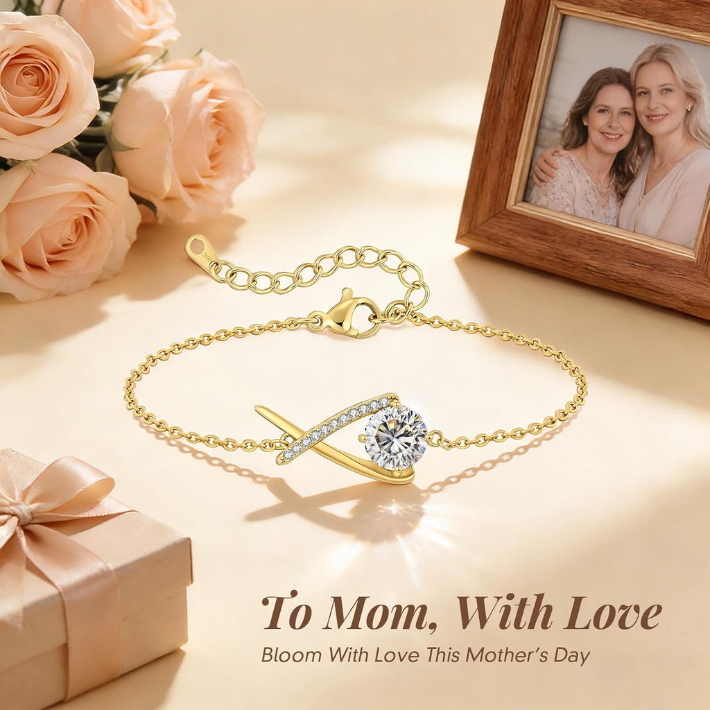 ANDSO Mothers Day Gifts for Mom, 2 Carat Moissanite Infinity Bracelets for women, 14K gold Plated, Engraved I Love Mom, Elegant Jewelry for Woman Wife Girlfriend Her